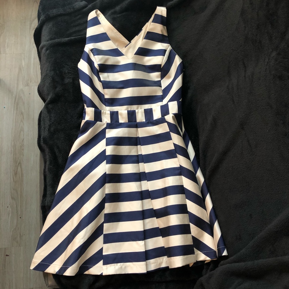 Adelyn Rae navy striped satin flare dress